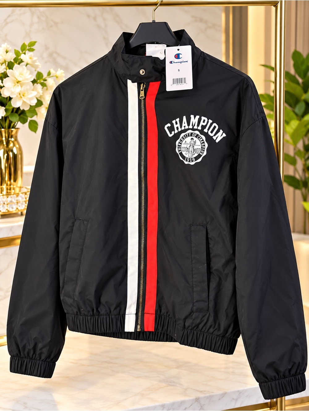 Champion Black Windbreaker with Red & White Center Stripe